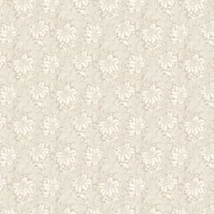 a beige and white floral wallpaper with small leaves on the bottom half of it