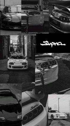 black and white photograph of cars parked in front of a building with the word supro written on it