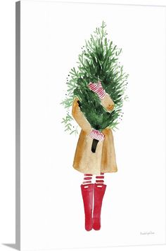 a watercolor painting of a girl holding a christmas tree