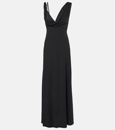 Twist draped crêpe jersey maxi dress in black - Toteme | Mytheresa Pre-draped Cowl Back Maxi Dress For Evening, Pre-draped Maxi Dress With Cowl Back For Gala, Pre-draped Maxi Dress With Side Slits, Formal Pre-draped Maxi Dress With Cowl Back, Draped Maxi Dress With Side Slits For Evening, Evening Draped Maxi Dress With Side Slits, Dinner Maxi Dress With Ruched Bodice, Draped Evening Maxi Dress With Side Slits, Elegant Dinner Maxi Dress With Ruched Bodice