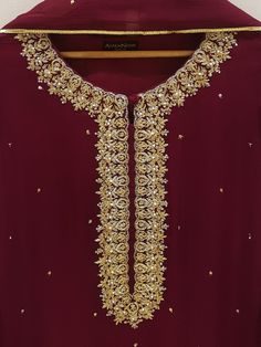 Close-up of embroidered neckline on maroon dress Agha Noor Dresses, Agha Noor, Desi Outfits, Pakistani Clothes, Pakistani Fancy Dresses, Wedding Branding, Pure Chiffon, Embroidery Neck Designs, Pakistani Dress