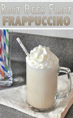 root beer floater frappuccino in a glass mug with whipped cream on top