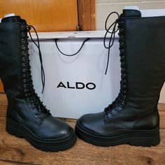 These Tall Black Combat Boots By Aldo Have Never Been Worn. Boots Are Lace Up & Side Zip. Has Sticker On Sole Of Boot & The Cardboard & Paper Inside The Boot. Comes With Box. These Astoha Boots Are Size 8.5 Womens. Tall Black Combat Boots, Tall Combat Boots, Knee High Combat Boots, Worn Boots, Socks For Flats, Lug Sole Boots, Black Combat Boots, Lace Up Combat Boots, Red Boots