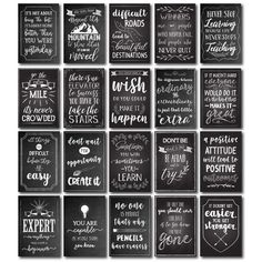 the black and white chalkboard wall art is shown in many different styles, including lettering