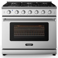 a stainless steel oven with four burners on the front and one door open to show it