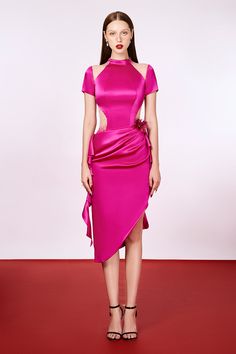 Luxury Pink Fitted Asymmetrical Dress, Luxury Pink Asymmetrical Midi Dress, Luxury Midi Dress With Asymmetrical Neckline, Pre-draped, Luxury Pre-draped Satin Dress With Asymmetrical Neckline, Luxury Pink Asymmetrical Neckline Maxi Dress, Silk Midi Dress, Asymmetrical Design, Fancy Outfits, Short Sleeves