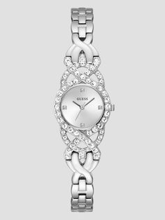 Silver-tone analog watch Crystal bezel Minimal hour markers Polished stainless steel bracelet Case diameter in mm: 23 Water resistant up to 10M/33 ft Two-year limited warranty Silver Watch Women, Guess Watches, Silver Watches Women, Flower Watch, Crystal Watches, Analog Watch, Wedding Watch, Latest Jewellery, Silver Accessories