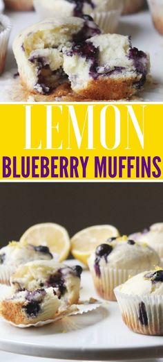 lemon blueberry muffins on a plate with the title overlay reading lemon blueberry muffins