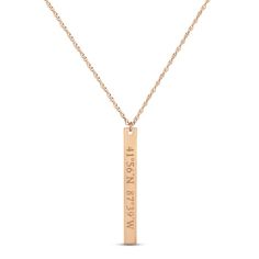 Pay tribute to a special place with this sleek 14K rose gold necklace, featuring a vertical bar inscribed with your chosen coordinates. The pendant sways from an 18-inch rope chain that secures with a spring ring clasp. Vertical Bar Necklace, Vertical Bar, Accessories Jewelry Necklace, Rose Gold Necklace, Personalized Necklace, Rope Chain, Bar Necklace, Spring Rings, Jewelry Accessories