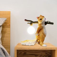 a stuffed animal is on top of a small table with a light bulb in the background