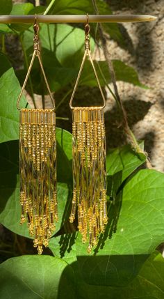 Gold Wedding Native Beaded Earrings - Etsy Salish Weaving, Elegant Gold Earrings, Native Beaded Earrings, Seed Beading, Clear Beads, Beaded Jewels, Native Jewelry, Beaded Fringe, Beaded Dangle Earrings