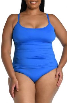 Ample shirring through the waist smoothes and flatters your figure in this minimalist one-piece designed with a sleek scooped neck and high-cut sides. Adjustable straps Lined 83% nylon, 17% elastane Hand wash, line dry Imported Full Figure Lingerie, Plus Lingerie, Minimal Outfit, Capri Blue, Full Figured, High Cut, Feminine Style, Bathing Suit, One Piece Swimsuit