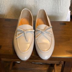 J Crew Loafers Never Worn Some Marks Spring Cream Loafers With Flat Heel, Spring Office Flats With Rubber Sole, Classic Spring Oxfords With Closed Toe, Beige Flat Oxfords For Spring, Cream Flats For Spring Workwear, Cream Loafers With Rubber Sole For Spring, Cream Round Toe Loafers For Spring, Cream Loafers With Round Toe For Spring, Spring Cream Loafers With Rubber Sole