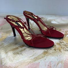 Very Good Used Condition. Normal Signs Of Wear Shown In The Last 4 Pics. Front Sole Had Been Replaced For Good Quality Rubber. Heel: 3.5”. Size 37/ 7. Color: Red With Gold Hardware. *Box + Dust Bag Leather Heels Sandals, Red Satin, Heel Sandals, Gold Hardware, Good Quality, Shoes Women Heels, Sandals Heels, Shoes Heels, Dust Bag