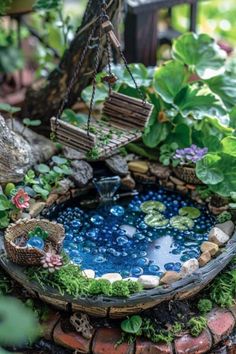 a miniature garden pond in the shape of a boat