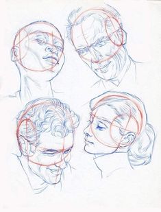 a drawing of three heads with different angles and lines on the forehead, nose, and head