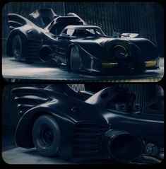 the batmobile is shown in two different angles