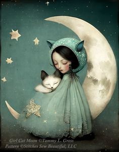 a painting of a girl holding a cat on top of a crescent moon with stars