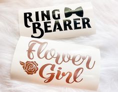 "This listing is for ONE Flower Girl decal OR Ring Bearer decal! Tumbler NOT included! These stylish flower girl or ring bearer decals can be used to custom almost any hard surface such as steel tumblers, acrylic cups, wood, and plastic.  Choose any color vinyl from the photo chart.  Decals measure 4\" in length Please choose the amount needed from the drop down menu. Choose the size of your name decal based off of the length from left to right. See photo # 9 for reference.For best results measu Flower Girl Ring Bearer, Girl Ring Bearer, Girl Decals, Acrylic Cups, Star Decals, Rings For Girls, Hard Surface, Champagne Flutes, Outdoor Signs