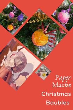 paper mache christmas baubles on a red background with the words paper mache