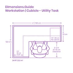 the dimensions guide for workstation cubicle utility task is shown in purple on a white background