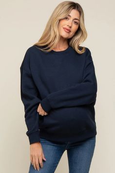 Navy Blue Soft Knit Fleece Lined Maternity Sweatshirt – PinkBlush Maternity Sweatshirt, Blue Soft, Maternity Tops, Maternity Clothes, Soft Knits, Crew Neckline, Over 50, Blush Pink, Navy Blue