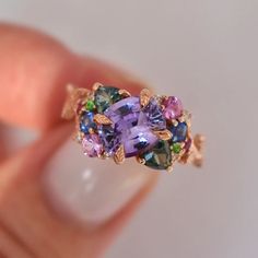 “Tara” Nature Inspired Cluster Engagement Ring with Purple Sapphire and Gemstones 14K Rose Gold, Multi Stone Ring | Unusual engagement rings unique Colored Sapphire Ring, Rose Gold Gemstone Ring, Ring With Colored Stone, Color Changing Sapphire, Amethyst Cluster Ring, Purple And Gold Engagement Ring, Purple And Green Engagement Ring, Cocktail Engagement Ring, Unique Colorful Engagement Rings