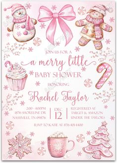 a pink baby shower with teddy bears and snowflakes on the bottom of it