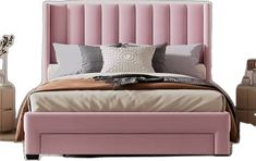 a pink bed sitting next to two nightstands and a lamp on top of a table