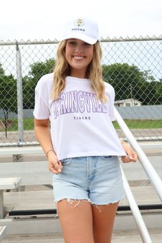 BEST SELLER! Gear up for gameday in our favorite mom crop tee! The soft wash and exclusive design make this tee an absolute must-have for cheering on your favorite team this season! Designed by Scarlet & Gold TTS; our model is wearing a small Slight crop; hits at the waist Spring Sports Cropped T-shirt With Short Sleeves, Trendy Game Day Short Sleeve T-shirt, Trendy Short Sleeve T-shirt For Game Day, Casual T-shirt For Game Day In Spring, Short Sleeve Tops For Game Day With School Spirit, Short Sleeve Tops For Game Day School Spirit, Summer Graphic Tee Tops For Fans, Summer Fan Gear Graphic Tee Tops, Summer Fan Gear Graphic Tee