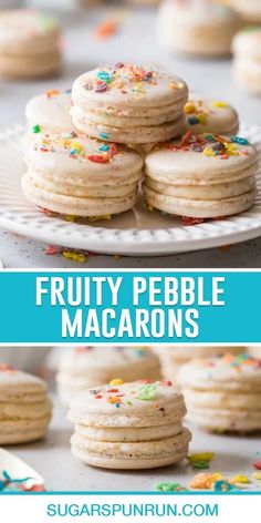 fruity pebble macarons with white frosting and sprinkles