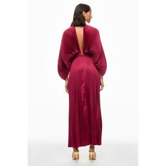 Red (100% high-grade pleated polyester). Gown. Long sleeves. V-neck. Back zipper closure. Imported. Red Formal Dress With Pleated Back, Pleated V-neck Gown For Party, Pleated V-neck Maxi Dress For Gala, Pleated V-neck Maxi Dress For Formal Events, Floor-length Pleated Maxi Dress For Dinner, Pleated Floor-length Maxi Dress For Dinner, Elegant Red Dress With Folds, V-neck Maxi Dress With Pleated Bodice For Night Out, Pleated V-neck Evening Gown