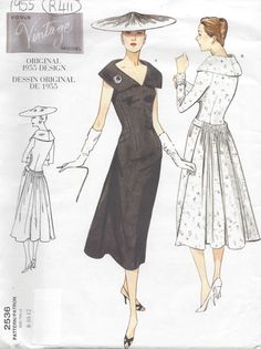 ~ Circa/Date: 1955 ~ Details:   Two style variation DRESS VOGUE Vintage Range ~ Size/Measurements (Inches):  ~ Size: 8-10-12   ~ Bust: 31 1/2″-32 1/2″-34″   ~ Waist: 24″-25″-26 1/2″   ~ Hip: 33 1/2″-34 1/2″-36″  ~ Please Note: ~ You are buying a 'Professional Reproduced' copy of this sewing pattern. Copied from the original sewing pattern. Produced in Full Scale Pattern Pieces ready to cut with full instructions included. Reproduced on high quality 50 gm paper with black ink, durable and easier for reuse. Printed by a Professional Printing Company.   ~ With this product comes an accompanying 'Booklet' and inside the Booklet it includes: ~ A 2-page Instructions and Illustrations on 'How to Adjust Your pattern to your Personal Measurement.' ~ Personal Measurement Chart ~ Body Form Illustrati Vintage Vogue Patterns, Vintage Vogue Sewing Patterns, Vogue Vintage, Vogue Dress, Vogue Sewing, Vogue Sewing Patterns, Vogue Pattern, Motif Vintage, Vogue Patterns