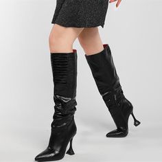 Women Knee High Boots For Lady Print Leather Shoes black-34 Black High Heel Martin Boots In Faux Leather, Black High Heel Martin Boots For Winter, High Heel Black Martin Boots In Faux Leather, Black Knee-high Boots With Round Toe For Winter, Black Synthetic Martin Boots For Fall, Black Round Toe Knee-high Boots For Fall, Black Knee-high Heeled Boots For Office, Black Pointed Toe Heeled Boots For Office, Black High Heel Martin Boots In Synthetic Material