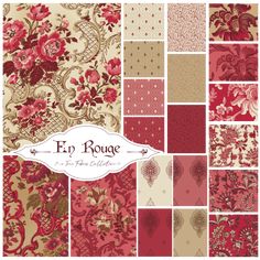 an assortment of red and beige floral fabric designs with the words en bouge