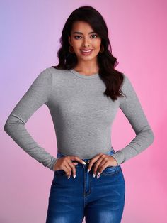 Gris Casual Collar manga larga Tela tejida Liso  Embellished Estiramiento medio Ribbed Long Sleeve T-shirt For Fall, Fitted Long Sleeve Ribbed T-shirt, Fitted Ribbed Long Sleeve T-shirt, Long Sleeve Solid Ribbed T-shirt, Solid Color Ribbed Long Sleeve T-shirt, Solid Ribbed Long Sleeve T-shirt, Stretch Long Sleeve Plain Tops, Trendy Long Sleeve Knit T-shirt, Trendy Solid Color Long Sleeve Crew Neck Top