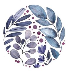 watercolor painting of blue and purple leaves in a circle with polka dots on white background