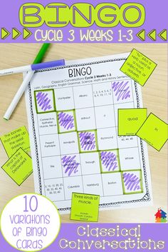 a close up of a table with some writing on it and the words bingo written in purple