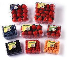 six plastic containers filled with different types of berries and strawberries in each container are shown