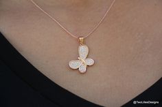 "Beautiful dainty butterfly pendant gliding on a dainty 14K rose gold filled chain. This lovely animal jewelry is set with tiny sparkly brilliant clear zircon stones . Classic elegant occasion necklace that makes the perfect gift for her This lovely necklace makes a beautiful birthday or anniversary gift for her. ♥ DETAILS Necklace: 14K Rose Gold Filled Pendant Length: 1.78\" X 0.67\" inch (=20mm X 17mm) Pendant: Butterfly made of 2 microns thick rose gold cover plating set with tiny clear zirco Fine Jewelry Rose Gold Butterfly Charm, Butterfly Shaped Rose Gold Jewelry For Gifts, Butterfly Shaped Rose Gold Jewelry Gift, Rose Gold Butterfly Jewelry For Gifts, Rose Gold Butterfly Jewelry Gift, Rose Gold Butterfly Charm Jewelry As Gift, Rose Gold Jewelry With Butterfly Charm As Gift, Dainty Rose Gold Jewelry With Butterfly Charm, Rose Gold Butterfly Fine Jewelry