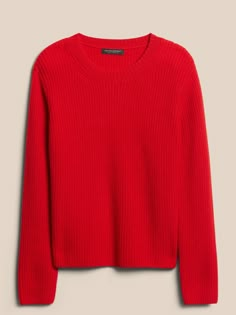 Luxurious and at-ease, this sumptuously soft cashmere sweater uses fisherman-style ribbed knit stitches to add extra texture to a classic crew-neck silhouette.  Size up for an even more relaxed fit and even-easier layering through the seasons.  RELAX Fall Crew Neck Sweater With Ribbing, Crew Neck Sweater With Ribbing For Fall, Red Sweater Outfit, Red Cashmere Sweater, Red Crew Neck Sweater, 2024 Wardrobe, Banana Republic Style, Coral Sweater, Nordic Sweater