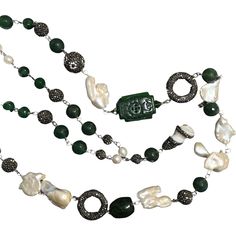 Necklaces sold separately Option A: Links Green Faceted Jade, White Freshwater Pearl Tassel Necklace, 19" adjustable length. Option B: Jade, Freshwater Pearl 32" adjustable length. Option B, Green Pearls, White Freshwater Pearl, Quality Jewelry, Tassel Necklace, Fresh Water, Freshwater Pearls, Natural Stones, Jade