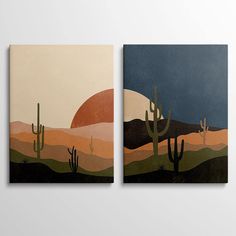 two canvases with cactus and sunsets on them are hanging on the wall in an empty room