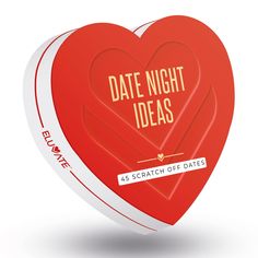 a red heart shaped box with the words date night ideas on it and an arrow