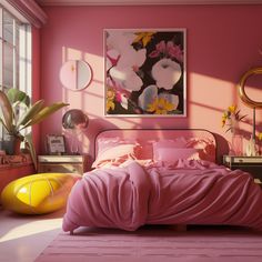 a bedroom with pink walls and furniture in the corner, including a bed that has a pink blanket on it