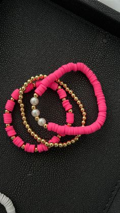 The Pearl + Gold Stack Wax Bead Bracelet Ideas, Seed Bead And Clay Bead Bracelets, Cute Clay Bead Ring Ideas, Preppy Stacked Bracelets, Bracelet Wording Ideas, Small Business Bracelet Ideas, Gold Bracelet Beads, Clay Beads Jewelry Ideas, Zach Bryan Bracelet