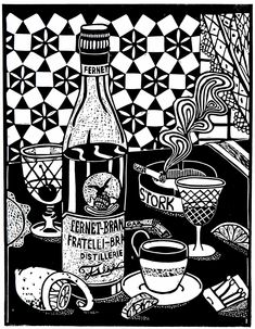 a black and white drawing of food and drink on a tablecloth with geometric designs