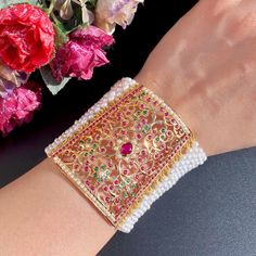 Traditional Jadau Bracelet | Gold Plated Silver | Punjabi Bahi Gota Work Bangle Bracelets For Puja, Silver Jadau Jewellery, Jadau Jewellery Traditional Gold, Gold Jadau Bangles, Jadau Bracelet Gold, 22k Gold Jewelry Necklaces, Engagement Rings Couple, 22k Gold Jewelry, Pearl Necklace Set