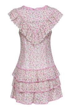 Create an enchanting ensemble with this fresh and feminine LoveShackFancy minidress. The delicate floral print and vintage-inspired ruffle bib add a romantic and dreamy touch, while the pink contrast trim adds a fun and playful twist. A must-have for any special occasion, pair this lovely lace number with strappy pink heels. Size 6 76% Cotton, 24% Nylon Lined Hidden side zipper Mini dress Ruffled collar Round neckline V-shaped yoke w/ buttons Flutter sleeves Drop waist Fitted Bust 33" Waist 30" Shoulder to hem 32.5" Feminine Ruffled Collar Dress With Ruffles, Spring Sleeveless Ruffle Dress With Lace Trim, Sleeveless Ruffle Dress With Lace Trim For Spring, Feminine Ruffle Dress With Lace Trim For Spring, Feminine Tiered Mini Dress With Lace Trim, Feminine Ditsy Floral Print Dress With Ruffled Straps, Feminine Floral Print Ruffle Dress With Ruffled Straps, Floral Mini Dress With Ruffles For Daywear, White Floral Print Ruffle Dress For Spring