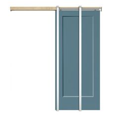 an open blue door with a wooden handle on the top and bottom bars attached to it